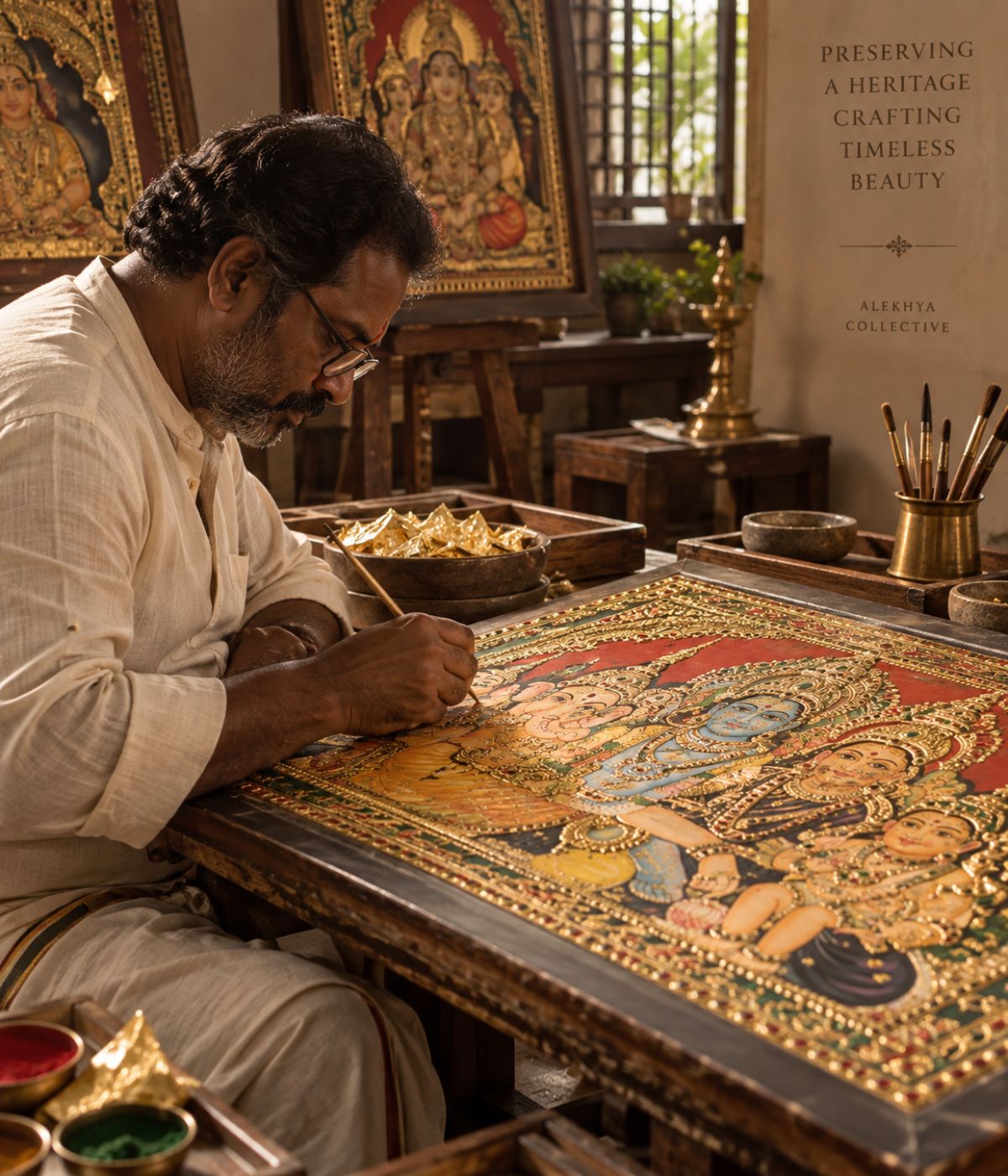 Indian artisan working on traditional artwork