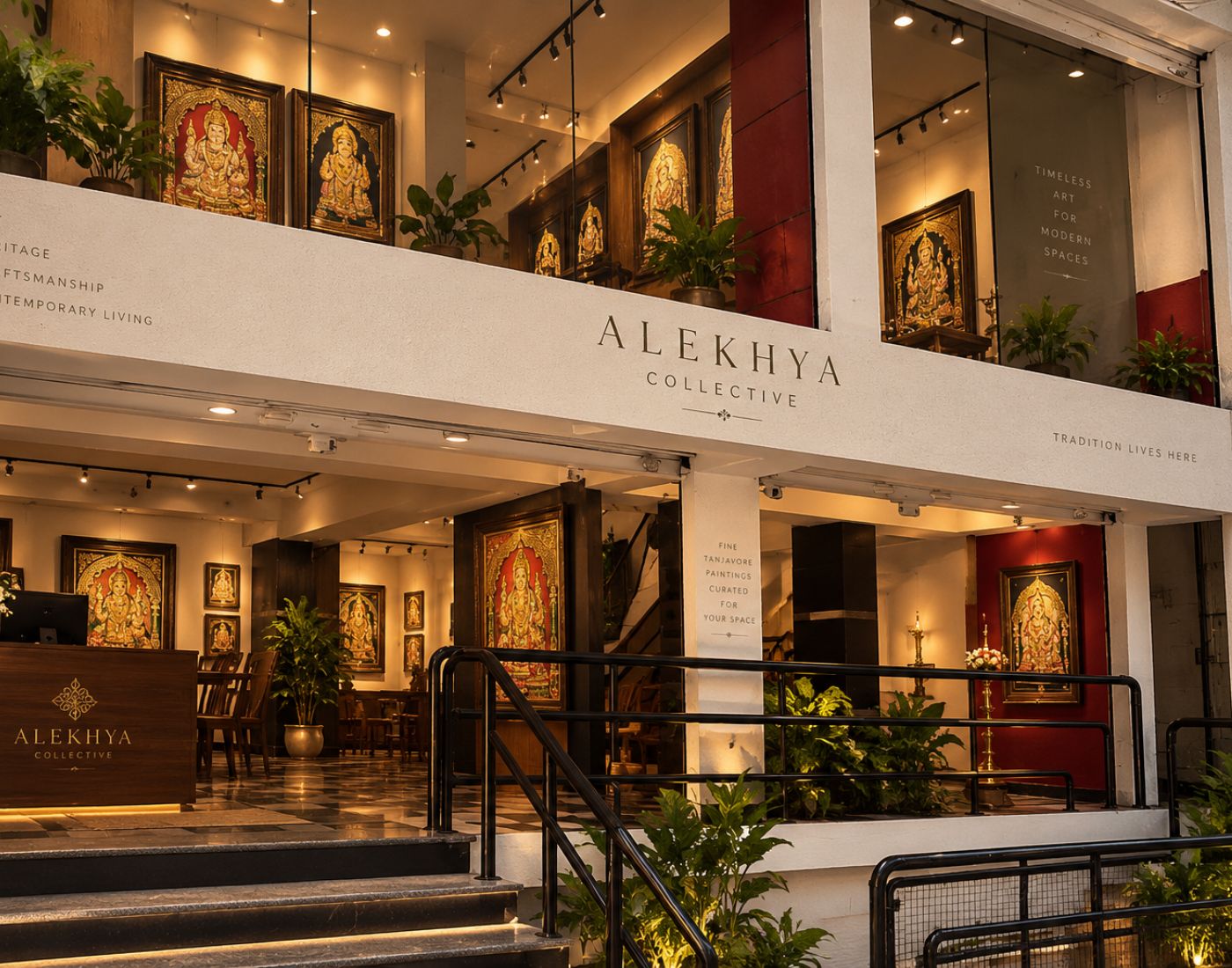 Traditional artwork integrated into sophisticated interior